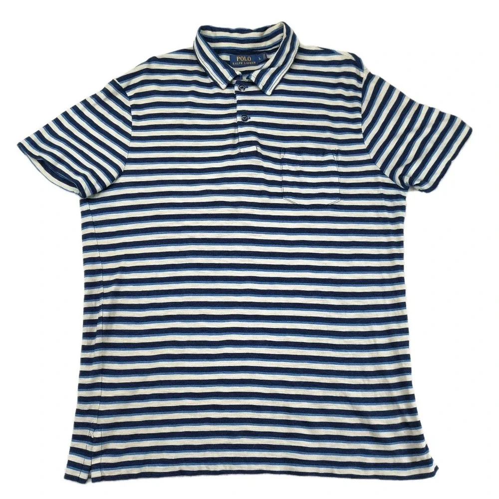 Polo Ralph Lauren Mens Large Blue White‎ Striped Short Sleeve Pocket Polo Shirt